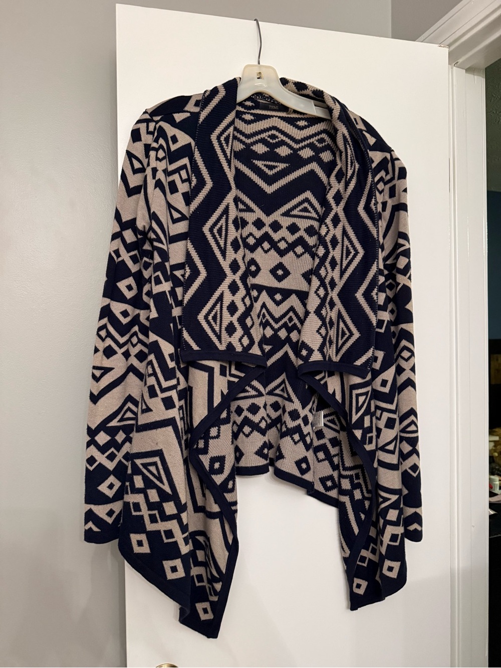 THML Open-Front Aztec Knit Cardigan - Navy & Cream